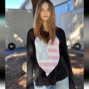 Wildfox Black Knit Flag Heart Sweater Size XS